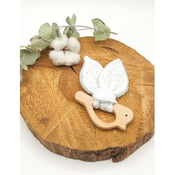 Anneau de Dentition en double gaze de coton blanc et microfibre vert d'eau d'eau forme oiseau
