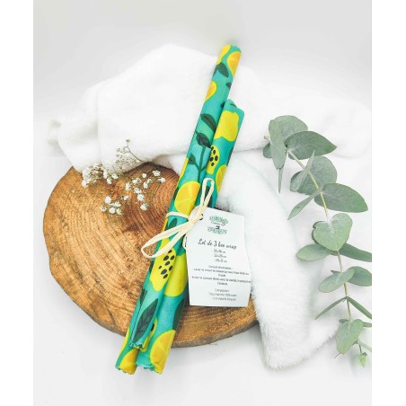 Lot de 3 bee wrap motif citron sur fond vert